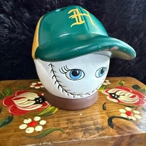 Vintage‎ signed 85" Baseball Player Coin Bank hand painted Green Hat Ceramic